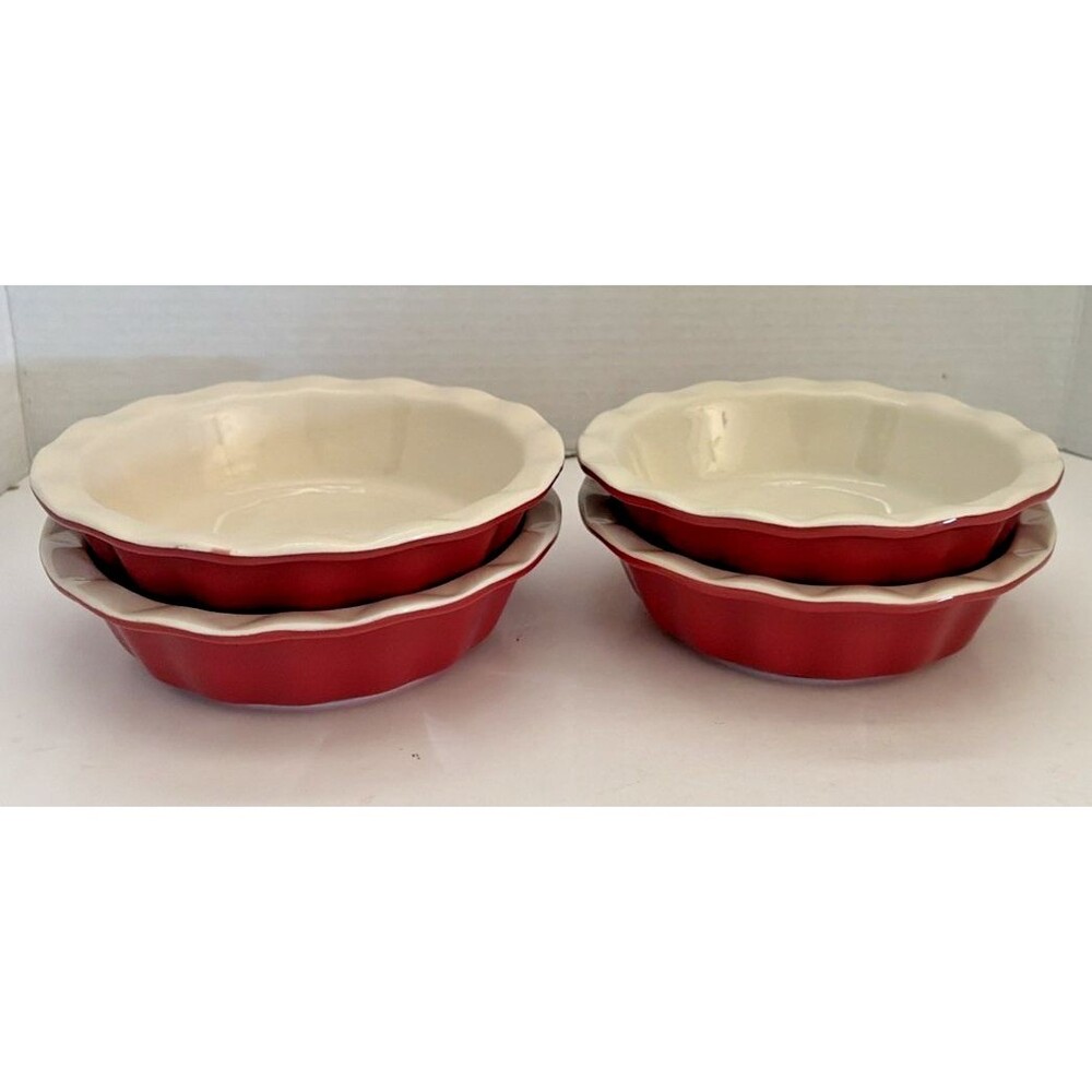 Set of 4 Good Cook Mini Pie Dishes 5.5" Stoneware Red Cream Ruffled Tart Pans